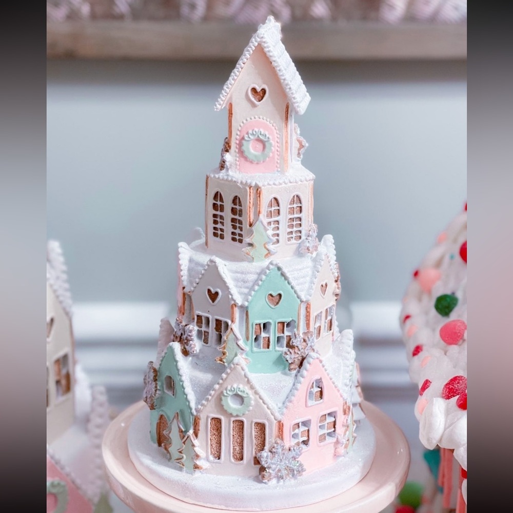 Light up LED Pastel Pink Gingerbread Sugar Castle House Whimsical Christmas